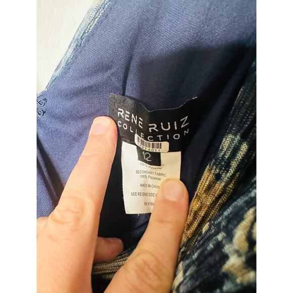 RENE RUIZ COLLECTION Blue Gold Swirled Floral Flowing Tiered Boho Maxi Dress 12 - Picture 15 of 16